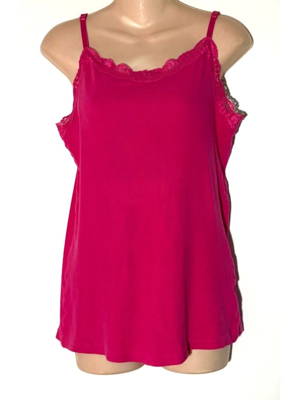 Faded Glory Pink Ribbed Lace-Trimmed Camisole Tank Top L/G (12-14) Y2K 90's